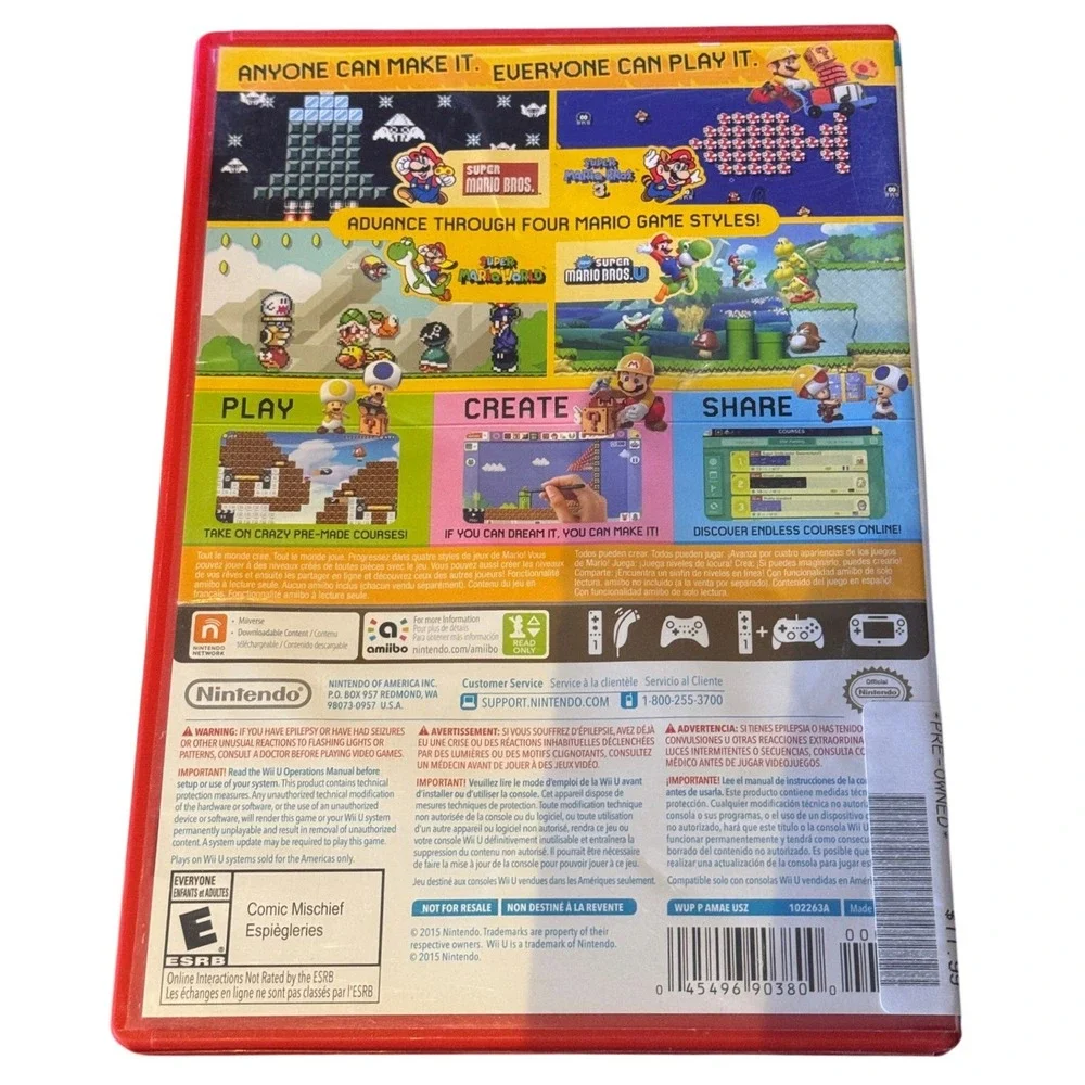 Super Mario Maker Nintendo Wii U Video Game Red Case 2015 Platformer